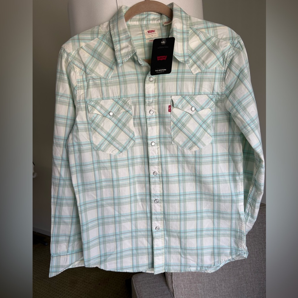 Levi’s Mint Green Plaid Button-Up Shirt NWT Western Style Size S